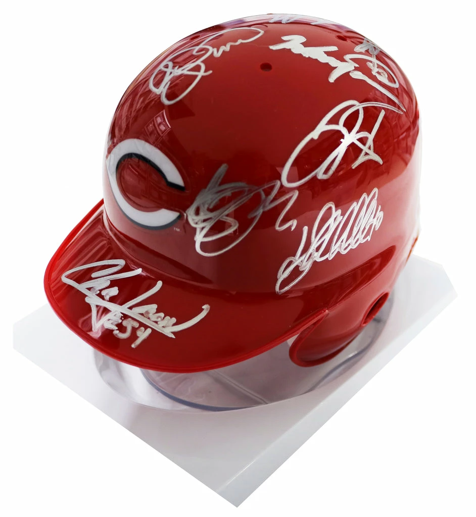 Sports-Autographs Cincinnati Reds 2015 Team Signed Autographed Mini Batting Helmet Authenticated Ink COA Votto Chapman 3 Sports-Autographs Cincinnati Reds 2015 Team Signed Autographed Mini Batting Helmet Authenticated Ink COA Votto Chapman